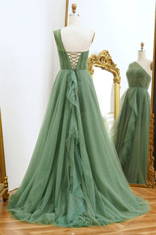 One Shoulder Green A Line Tulle Prom Dress with Lace-up Back