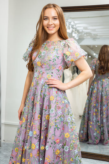 Mauve A-Line Round Neck Prom Dress with Appliques