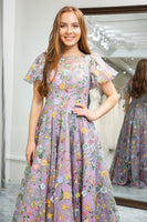 Load image into Gallery viewer, Mauve A-Line Round Neck Prom Dress with Appliques