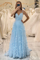 Load image into Gallery viewer, A Line Sky Blue Spaghetti Straps Long Prom Dress with 3D Butterflies