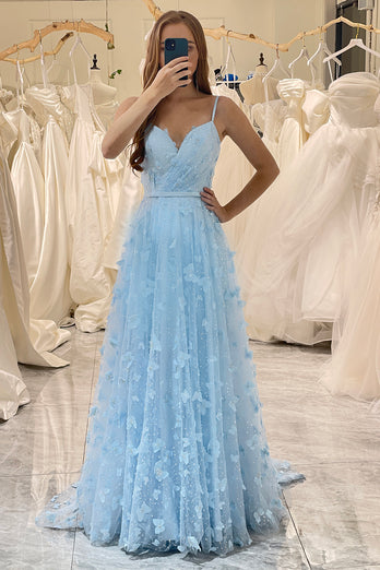 A Line Sky Blue Spaghetti Straps Long Prom Dress with 3D Butterflies