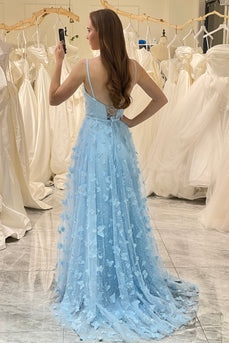 A Line Sky Blue Spaghetti Straps Long Prom Dress with 3D Butterflies