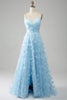 Load image into Gallery viewer, Sky Blue A Line Spaghetti Straps Long Prom Dress with 3D Butterflies