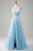 Load image into Gallery viewer, Sky Blue A Line Spaghetti Straps Long Prom Dress with 3D Butterflies