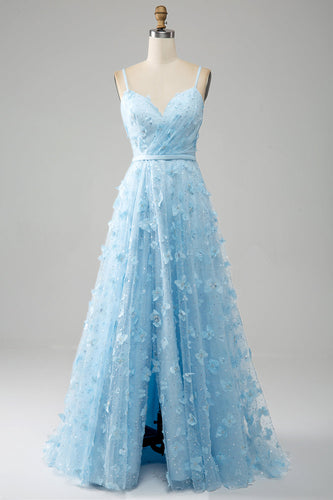 Sky Blue A Line Spaghetti Straps Long Prom Dress with 3D Butterflies