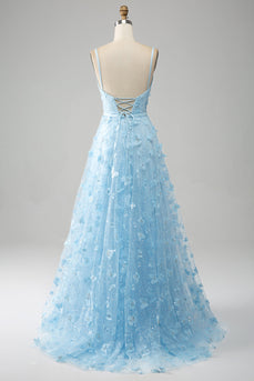 Sky Blue A Line Spaghetti Straps Long Prom Dress with 3D Butterflies