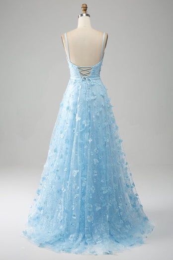 Sky Blue A Line Spaghetti Straps Long Prom Dress with 3D Butterflies
