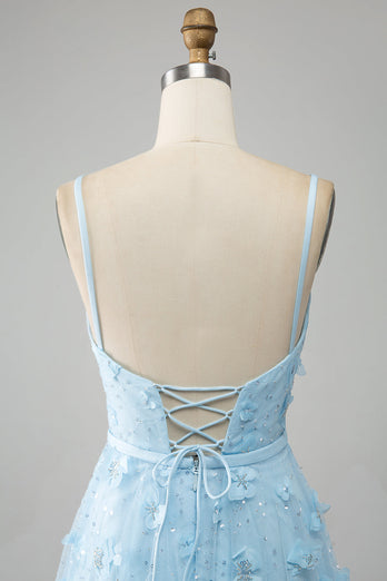 Sky Blue A Line Spaghetti Straps Long Prom Dress with 3D Butterflies