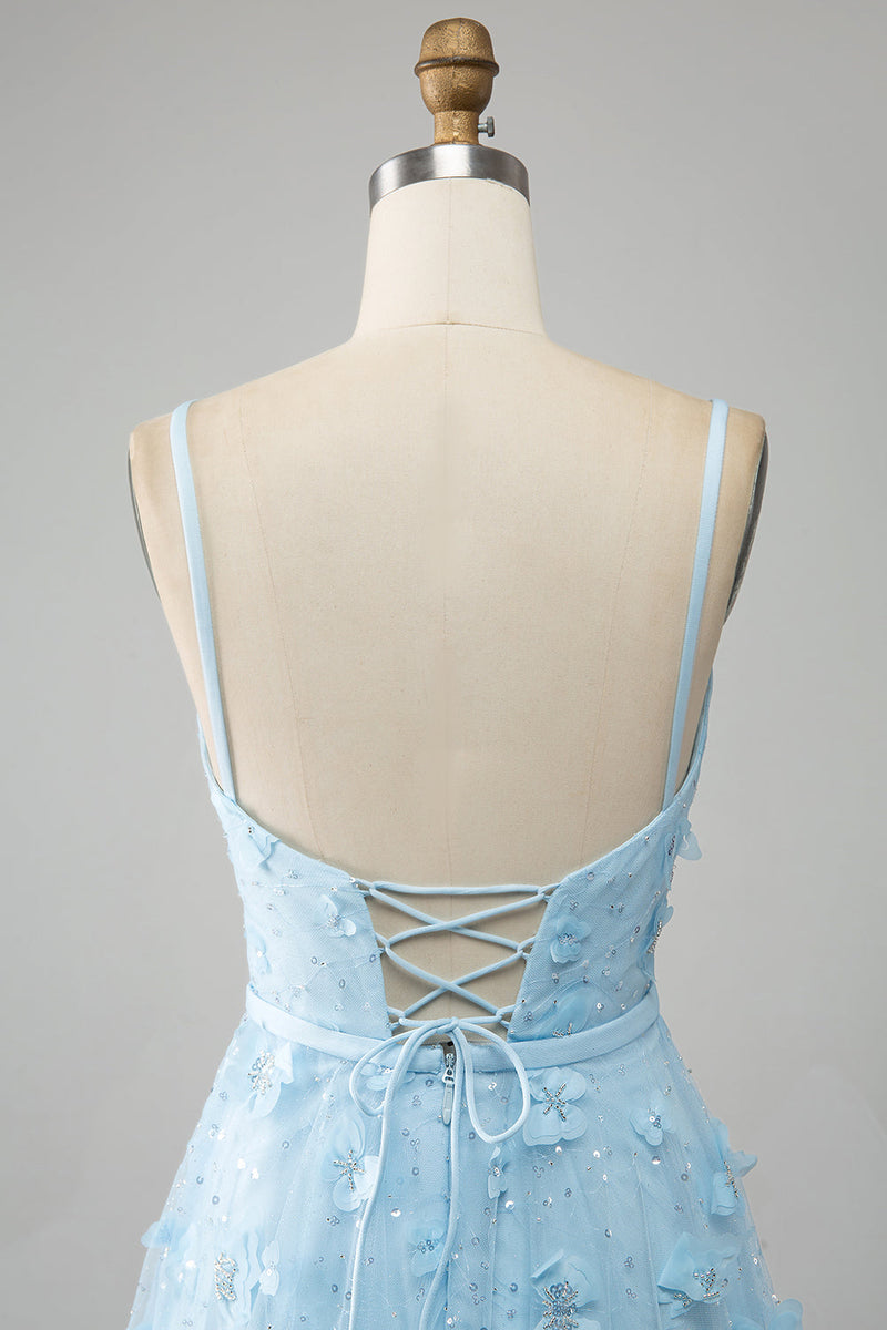 Load image into Gallery viewer, Sky Blue A Line Spaghetti Straps Long Prom Dress with 3D Butterflies
