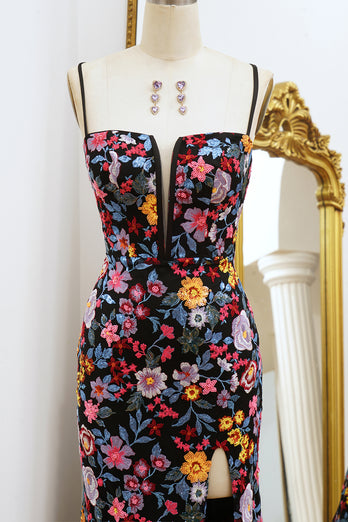 Black Mermaid Spaghetti Straps Long Prom Dress with Slit