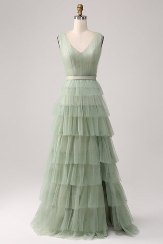 Pleated A Line Tiered Green Prom Dress with Slit
