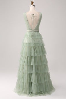 Pleated A Line Tiered Green Prom Dress with Slit