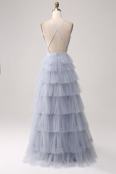 Grey Blue A Line Tiered Tulle Backless Long Prom Dress