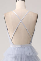 Load image into Gallery viewer, Grey Blue A Line Tiered Tulle Backless Long Prom Dress