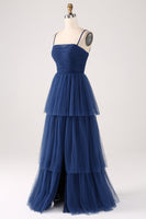 Load image into Gallery viewer, A Line Spaghetti Straps Tiered Tulle Pleated Prom Dress with Slit