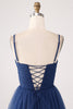 Load image into Gallery viewer, A Line Spaghetti Straps Tiered Tulle Pleated Prom Dress with Slit
