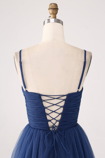 A Line Spaghetti Straps Tiered Tulle Pleated Prom Dress with Slit