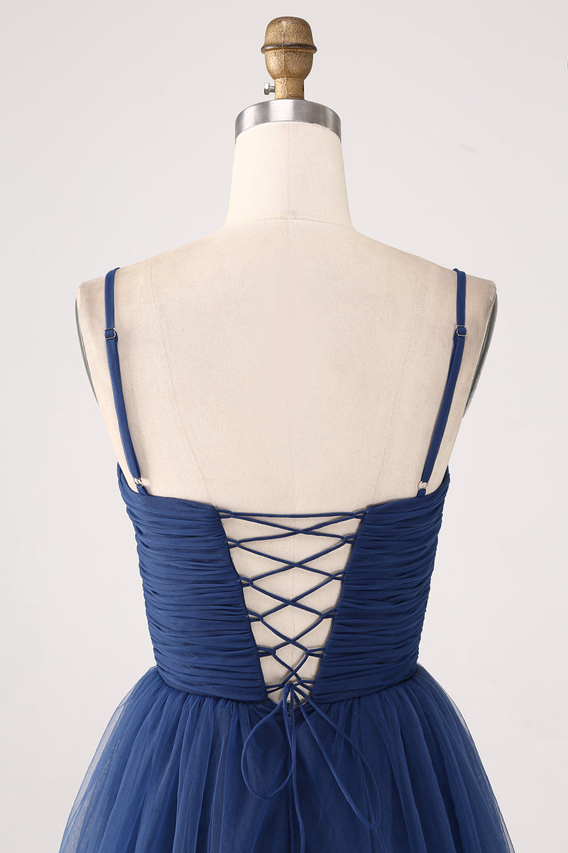 Load image into Gallery viewer, A Line Spaghetti Straps Tiered Tulle Pleated Prom Dress with Slit