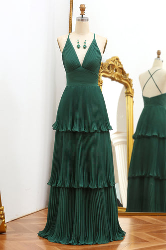 Dark Green A Line V-neck Pleated Prom Dress