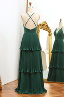 Load image into Gallery viewer, Dark Green A Line V-neck Pleated Prom Dress