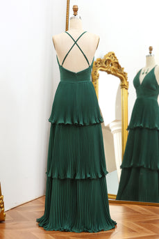 Dark Green A Line V-neck Pleated Prom Dress