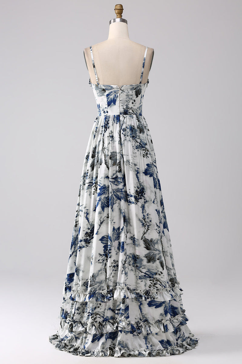 Load image into Gallery viewer, Pleated Blue Printed Corset Long Prom Dress with Slit
