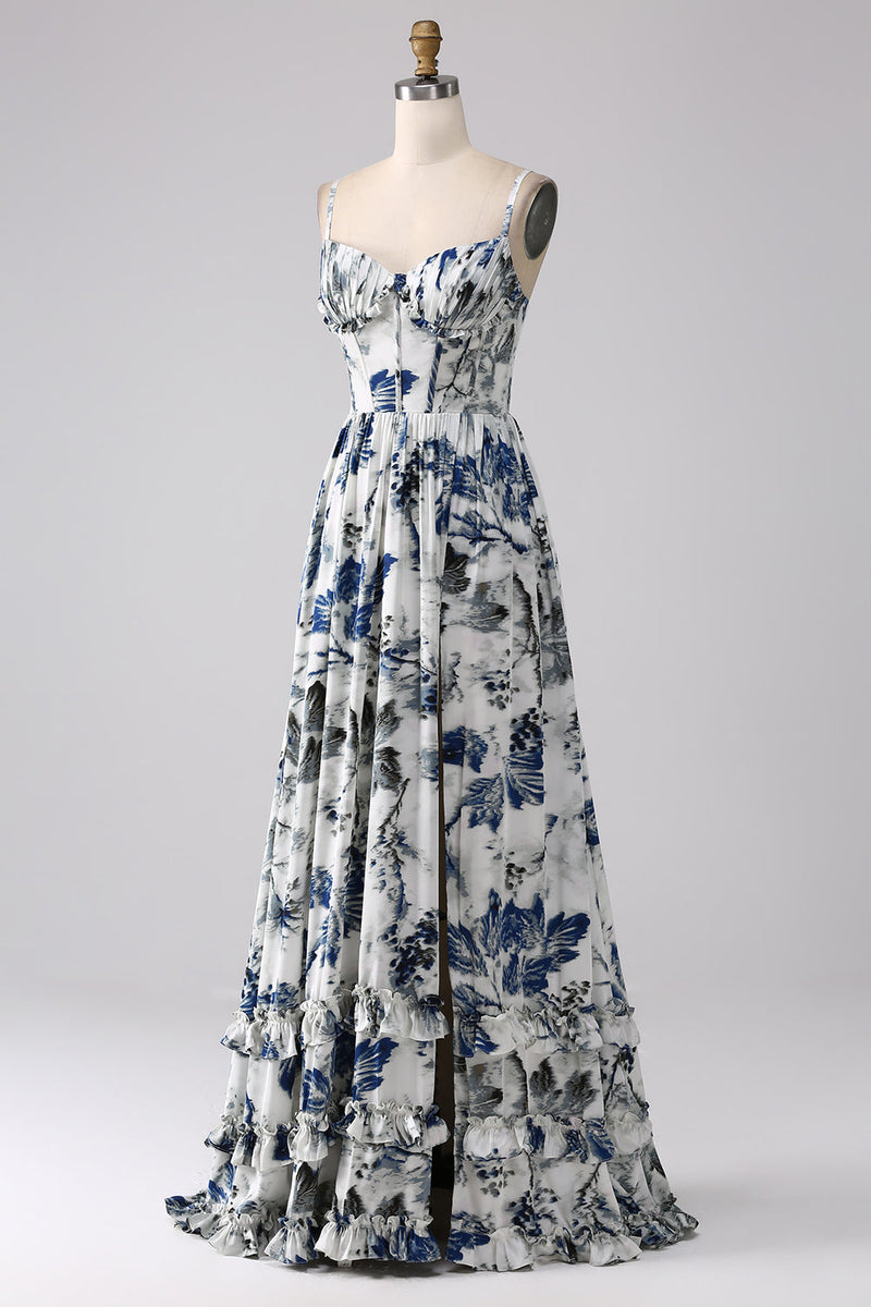 Load image into Gallery viewer, Pleated Blue Printed Corset Long Prom Dress with Slit