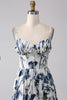 Load image into Gallery viewer, Pleated Blue Printed Corset Long Prom Dress with Slit