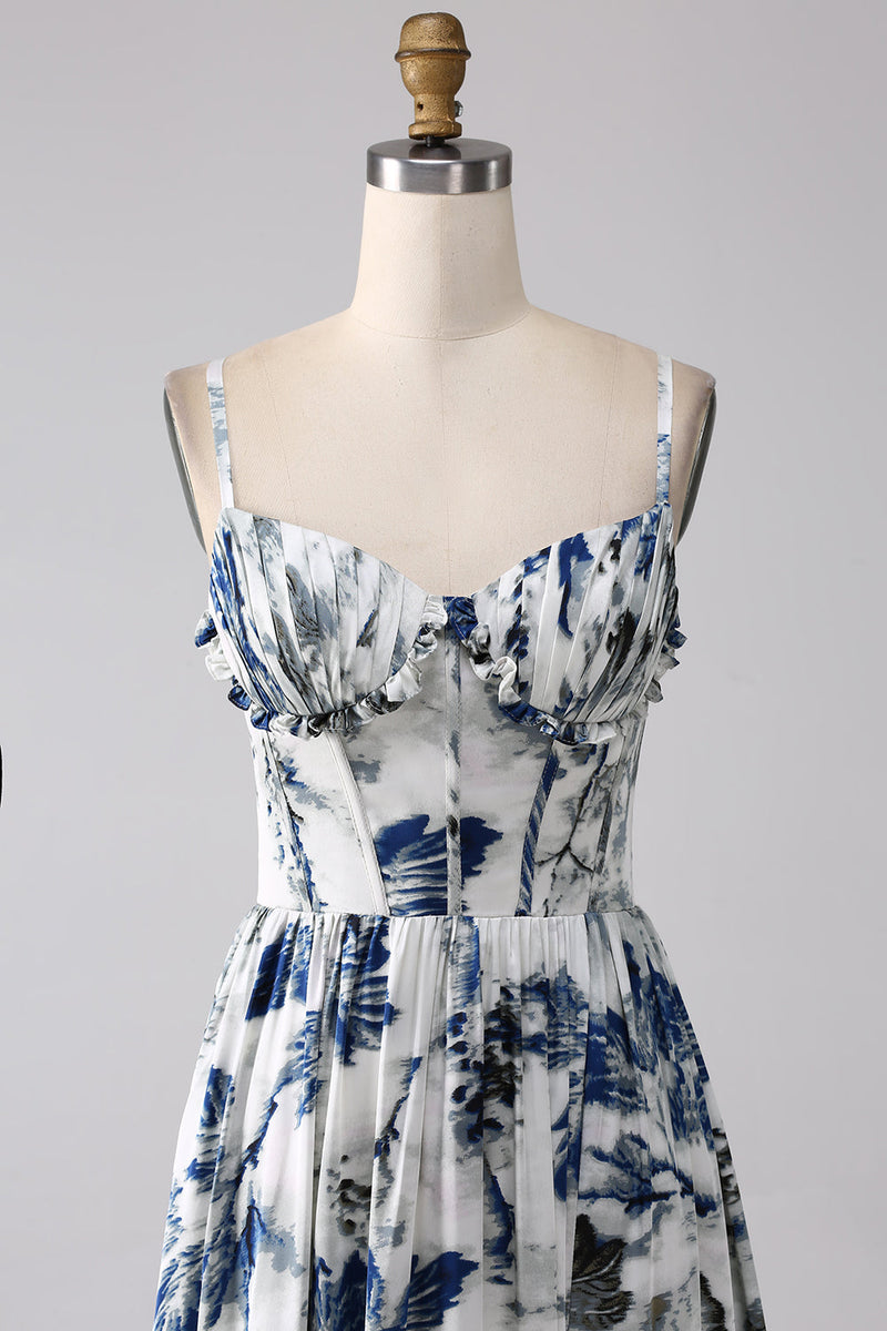 Load image into Gallery viewer, Pleated Blue Printed Corset Long Prom Dress with Slit