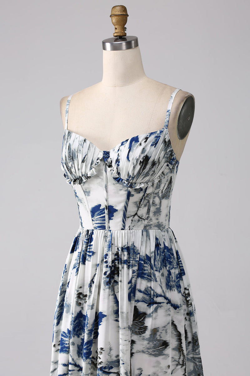 Load image into Gallery viewer, Pleated Blue Printed Corset Long Prom Dress with Slit