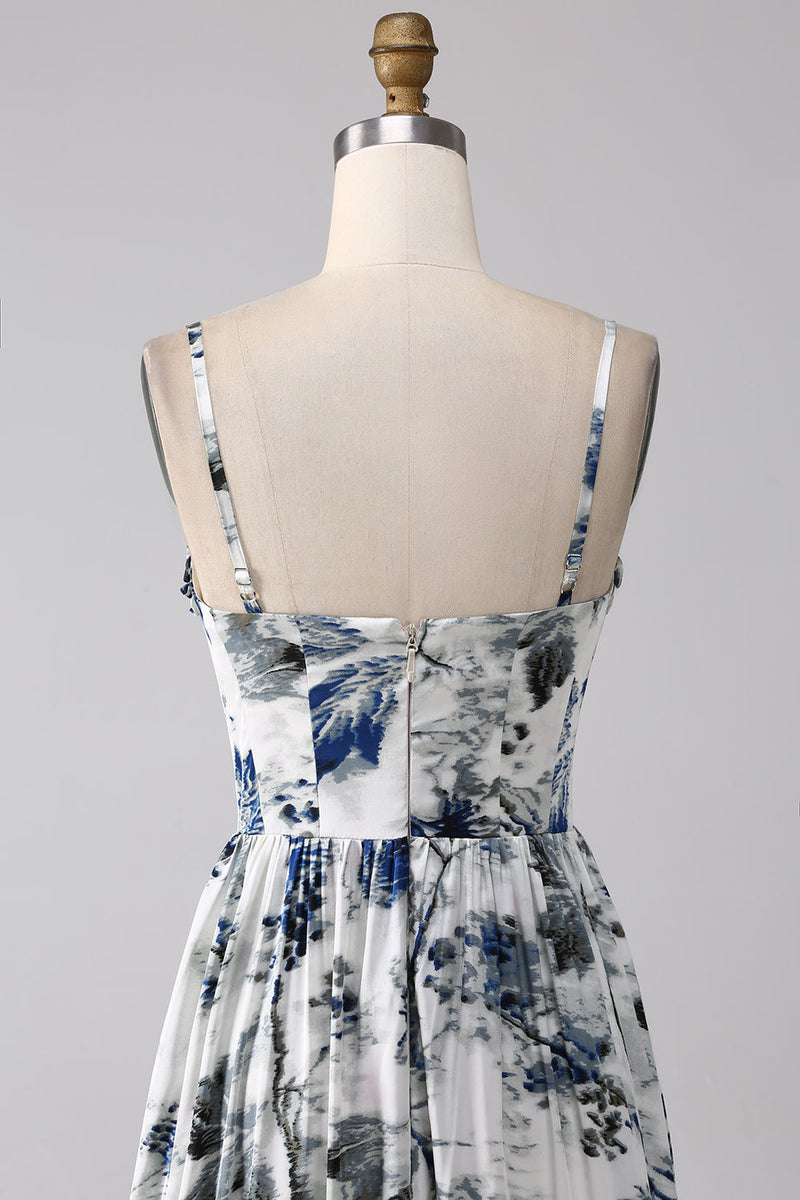Load image into Gallery viewer, Pleated Blue Printed Corset Long Prom Dress with Slit