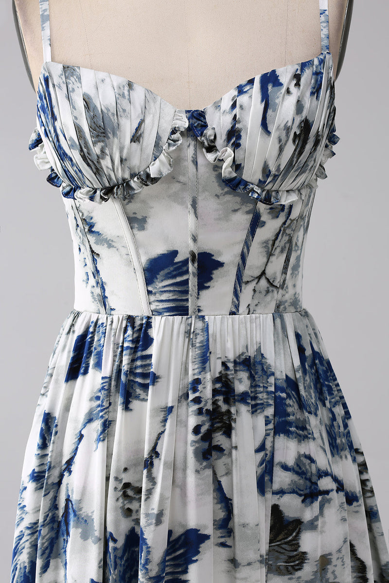 Load image into Gallery viewer, Pleated Blue Printed Corset Long Prom Dress with Slit