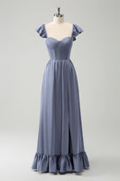 Load image into Gallery viewer, Grey Blue A Line Backless Corset Chiffon Bridesmaid Dress