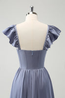 Load image into Gallery viewer, Grey Blue A Line Backless Corset Chiffon Bridesmaid Dress