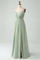 Load image into Gallery viewer, A-Line Dusty Sage Chiffon Spaghetti Straps Long Bridesmaid Dress with Slit