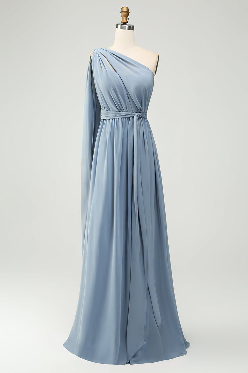 Load image into Gallery viewer, Convertible Chiffon A Line Dusty Blue Long Bridesmaid Dress