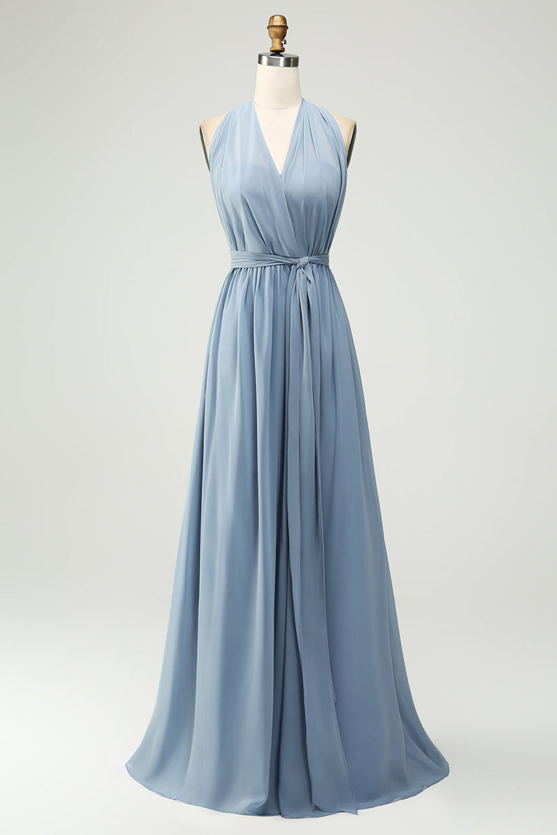 Load image into Gallery viewer, Convertible Chiffon A Line Dusty Blue Long Bridesmaid Dress