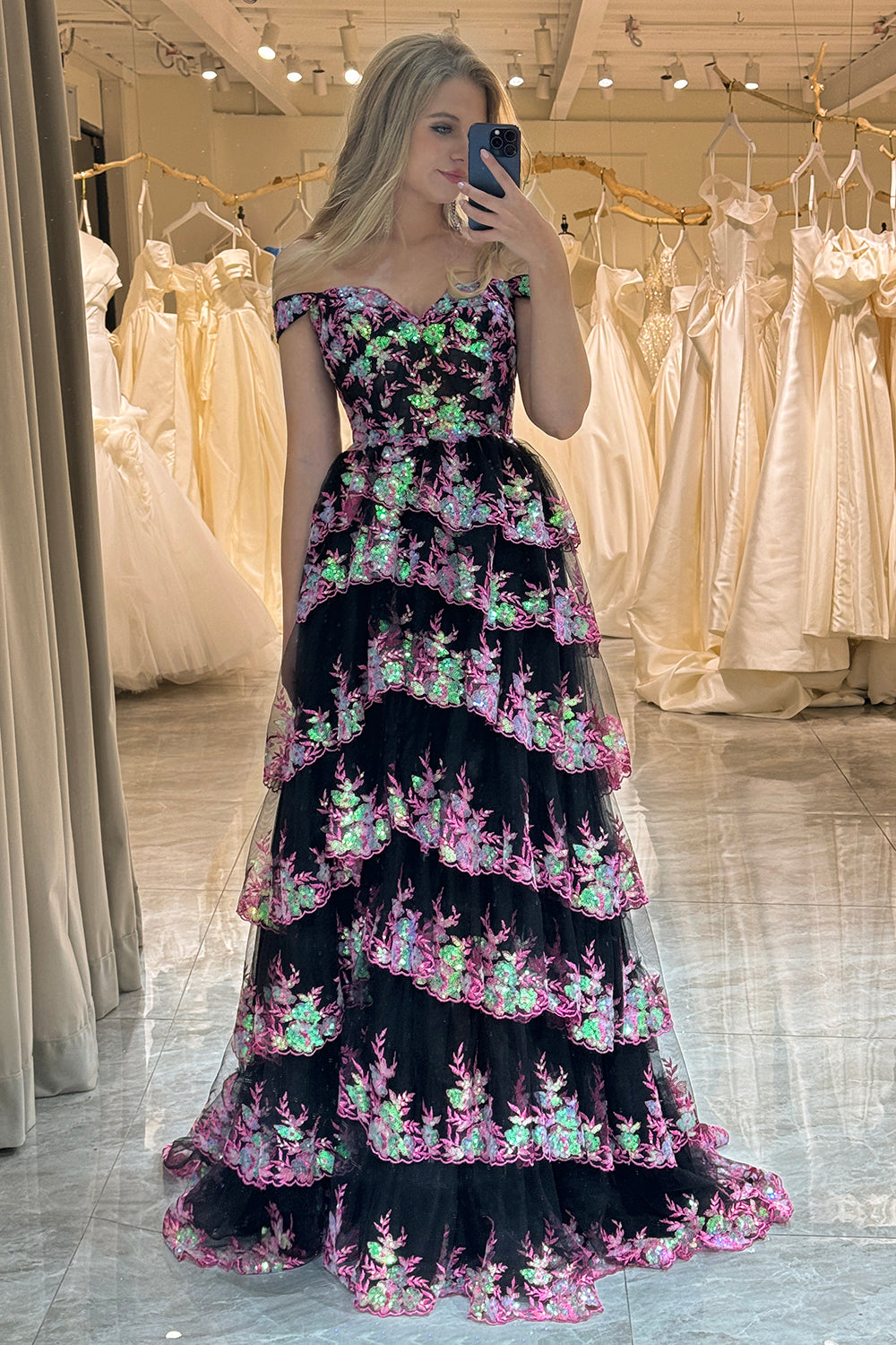A-line  Off the Shoulder Black Pink Corset Prom Dress with Split