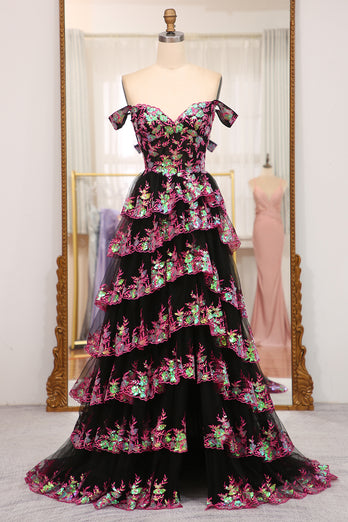 Sparkly Golden A-line Off The Shoulder Tiered Prom Dress with Sequins