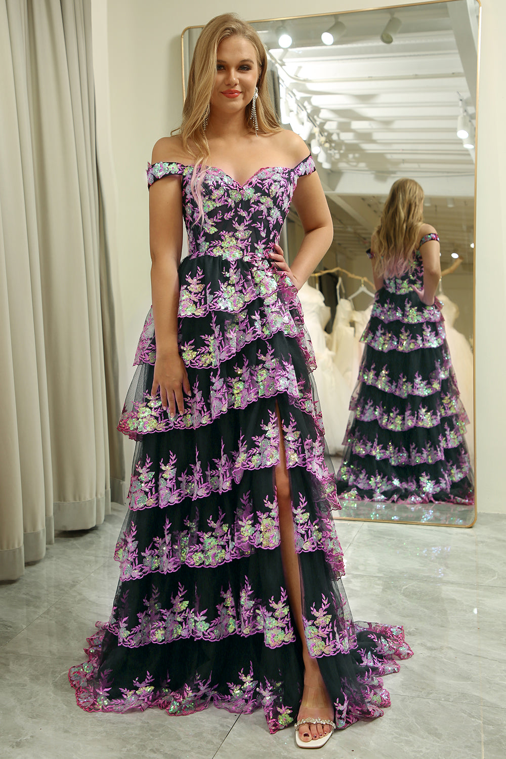 A-line Off the Shoulder Black Pink Tiered Corset Prom Dress with Split