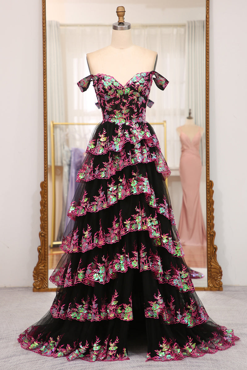 Load image into Gallery viewer, Sparkly Golden A-line Off The Shoulder Tiered Prom Dress with Sequins