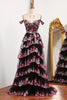 Load image into Gallery viewer, Black Pink A-line Off the Shoulder Tiered Corset Prom Dress with Split