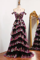 Load image into Gallery viewer, Black Pink A-line Off the Shoulder Tiered Corset Prom Dress with Split