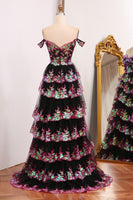 Load image into Gallery viewer, Black Pink A-line Off the Shoulder Tiered Corset Prom Dress with Split
