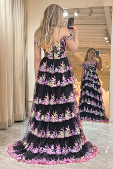 A-line  Off the Shoulder Black Pink Corset Prom Dress with Split