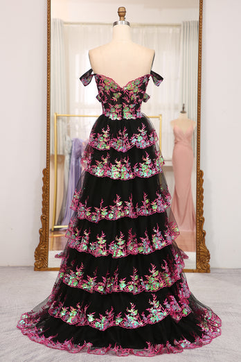 Sparkly Golden A-line Off The Shoulder Tiered Prom Dress with Sequins