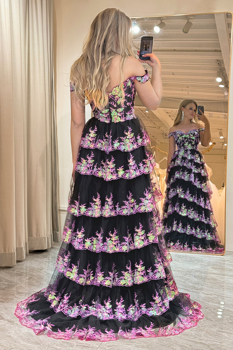 Load image into Gallery viewer, Off the Shoulder Purple Corset Prom Dress with Slit
