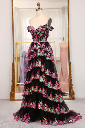 Sparkly Golden A-line Off The Shoulder Tiered Prom Dress with Sequins