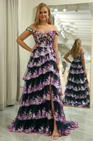 Load image into Gallery viewer, A-line Off the Shoulder Black Pink Tiered Corset Prom Dress with Split
