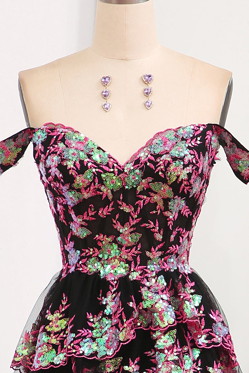 Load image into Gallery viewer, Black Pink A-line Off the Shoulder Tiered Corset Prom Dress with Split